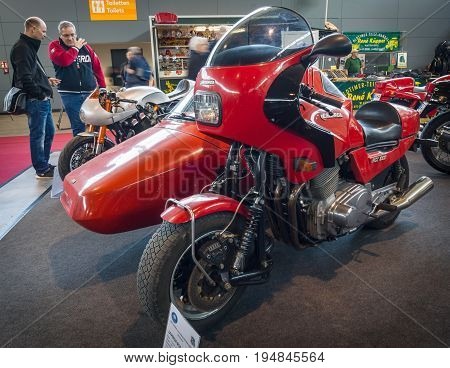 STUTTGART GERMANY - MARCH 18 2016: Motorcycle Laverda RGS with a sidecar Carell-Shoo 1983. Europe's greatest classic car exhibition 