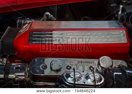 STUTTGART GERMANY - MARCH 18 2016: Engine of sports car Chevrolet Corvette (C3) Stingray close-up. Europe's greatest classic car exhibition 