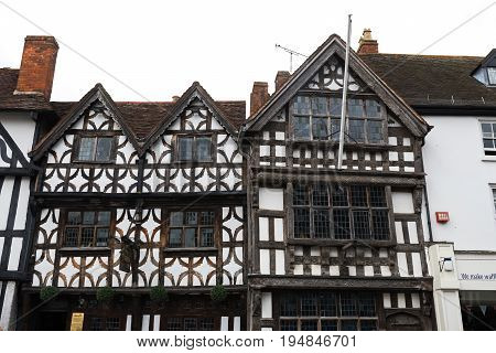STRATFORD-UPON-AVON,WARWICKSHIRE / UNITED  KINGDOM - June 10,2017:Historical buildings in the city center, including the Haravard House, built in 1596