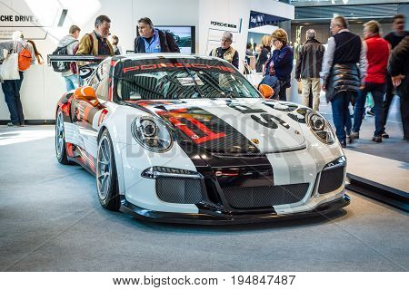 STUTTGART GERMANY - MARCH 18 2016: Sports car Porsche 911 GT3 Cup (Typ 911) 2016. Europe's greatest classic car exhibition 