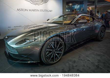 STUTTGART GERMANY - MARCH 18 2016: Grand tourer coupe Aston Martin DB10 2016. Europe's greatest classic car exhibition 