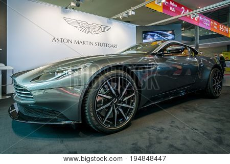 STUTTGART GERMANY - MARCH 18 2016: Grand tourer coupe Aston Martin DB10 2016. Europe's greatest classic car exhibition 