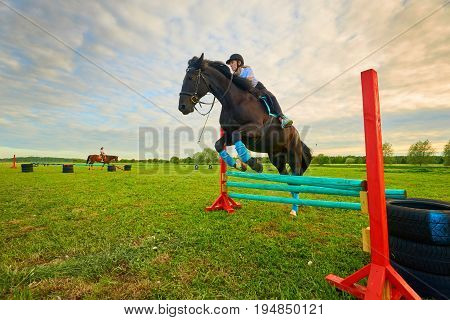 Pretty young girl jockey and her horse jumper