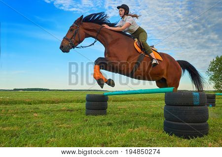 Pretty young girl jockey and her horse jumper
