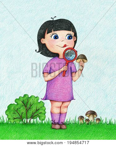 hand drawn illustration of girl in violet dress found mushroom and examines him through a lens on the forest glade in summer by the color pencils