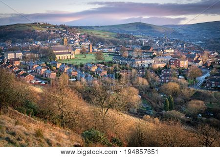 Panoramic Landscape With Dry Bushes Trees And A Countryside View Near Greater Manchester England.