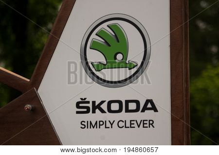 Saint Petersburg Russia - July 08 2017: The logo of carmaker Skoda on the stand ads. Primorsky Victory Park.