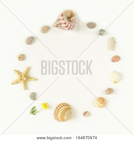 Summer background. Seashells starfish sea pebbles circle on white background