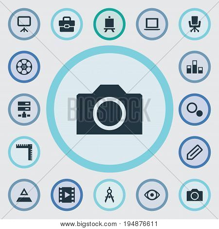 Vector Illustration Set Of Simple Designicons Icons. Elements Colums Graph, Hierarchy, Cinematography And Other Synonyms Laptop, Measurement And Reel.