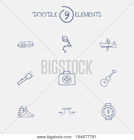 Set Of 9 Editable Trip Icons. Includes Symbols Such As Flying Toy, Flashlight, Camp House And More. Can Be Used For Web, Mobile, UI And Infographic Design.