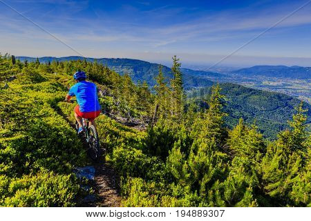 Mountain biker riding on bike in summer mountains forest landscape. Man cycling MTB flow trail track. Outdoor sport activity.
