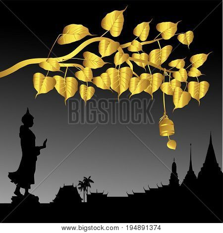 Buddha statue and Gold Bodhi tree with Golden bell of thai tradition, Visakha Puja Day, vector illustration.