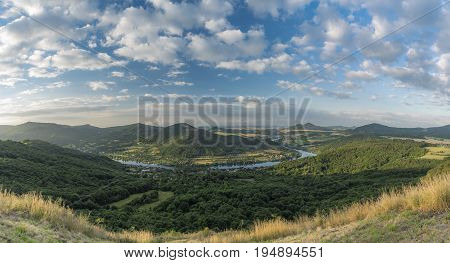 Sunrise on Skalky view over Labe river in north Bohemia