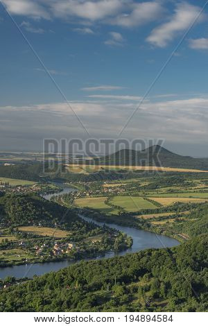 Sunrise on Skalky view over Labe river in north Bohemia