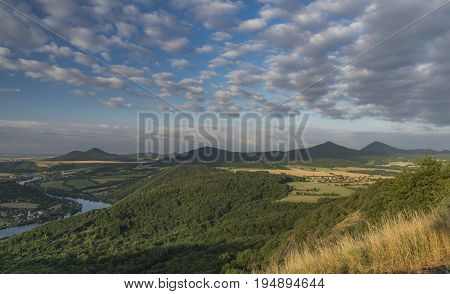 Sunrise on Skalky view over Labe river in north Bohemia