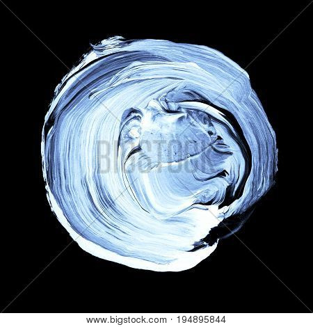 Acrylic Circle Isolated On Black Background. Gray, Blue Round Watercolor Shape For Text. Element For