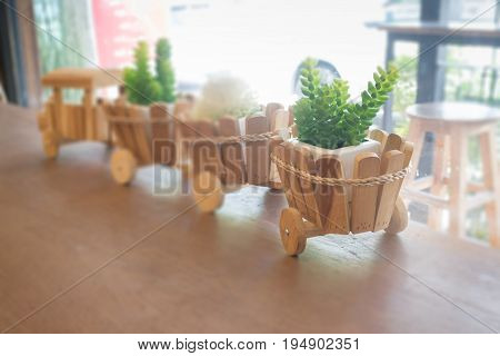 Wooden toy decorated on table stock photo