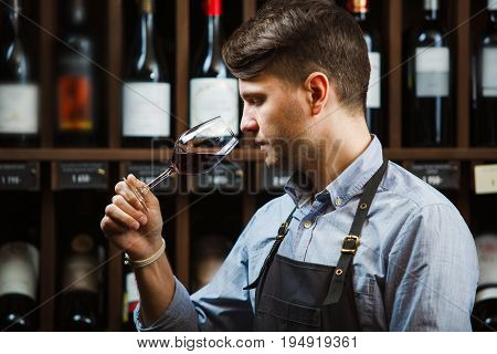 Sommelier smelling flavor of red wine in bokal on background of shelves with bottles in cellar. Male appreciating color, quality and sediments of drink. Professional degustation expert in winemaking.