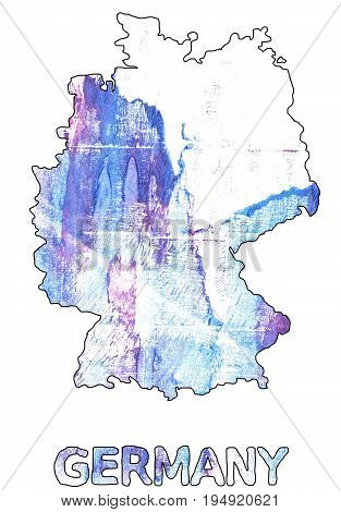 Hand-drawn abstract watercolor. Germany map outline. Used colors: White Azureish white Lavender blue Baby powder Diamond Maximum Blue Purple Lotion Pale cornflower blue Vista blue.