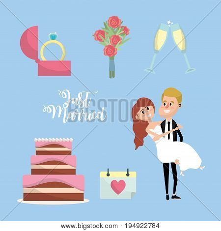 set just married with things to ceremony vector illustration