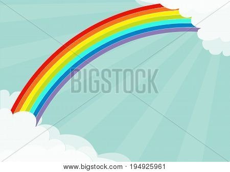 Fluffy cloud in corners frame template. Rainbow in the sky. Cloudshape. Sun light rays burst. Sunshine. Cloudy weather. LGBT sign symbol. Flat design. Blue background. Isolated. Vector illustration