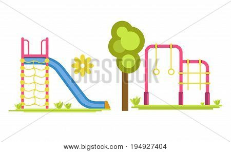 Vector illustration of slide board with ladder and two bars with circles and net on the playground.