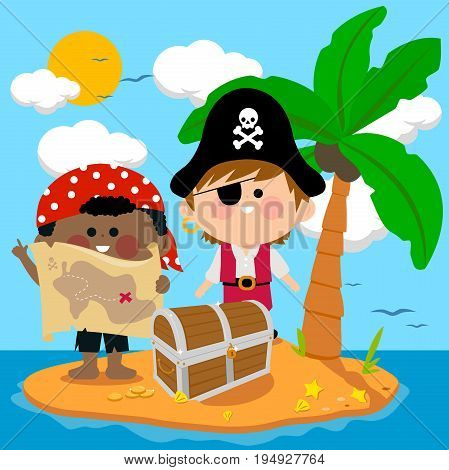 Pirates on a deserted treasure island. Vector illustration