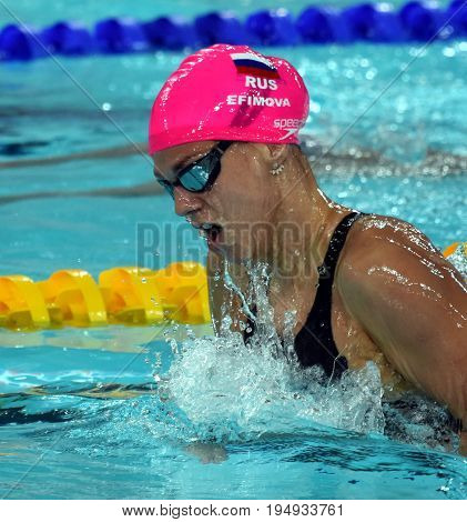 Hong Kong China - Oct 30 2016. Russian olympian and world champion breaststroke swimmer Yulia Yefimova swimming in the Women's Breaststroke 200m Preliminary Heat. FINA Swimming World Cup.