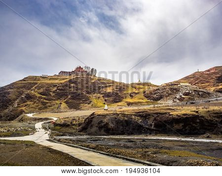 Tibetan buddhist temple on the mountain in Sichuan China