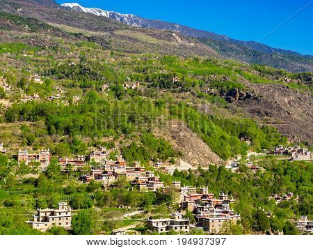 Aerial view of Jaiju Tibetan Village in Sichuan, China