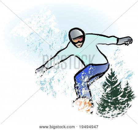 Ilustracja wektorowa z snowboarder w suchej chalkcharcoal ołówek i technika akwarela