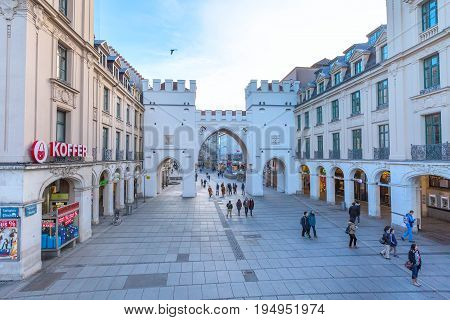 Munich, Germany - December 26, 2016: Neuhauser Street and Karlsplatz Gate in Munich, Germany