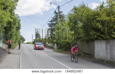 Bourgoin-Jallieu France - 07 May 2017: The French cyclist Nacer Bouhanni of Cofidis Team riding during the time trial stage 4 of Criterium du Dauphine 2017.