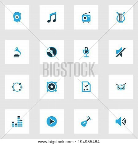 Multimedia Colorful Icons Set. Collection Of Radio, Gramophone, Harp And Other Elements. Also Includes Symbols Such As Microphone, Button, Music.