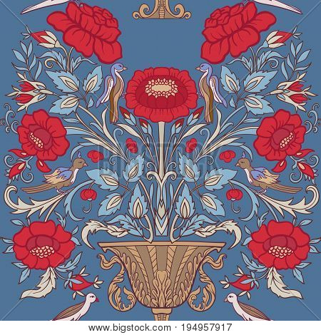 Floral seamless pattern, background with vintage style flowers and birds in red and blue colors.  Stock line vector illustration.