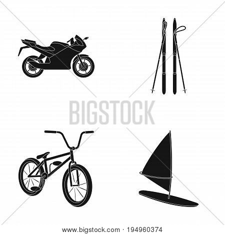 Motorcycle, mountain skiing, biking, surfing with a sail.Extreme sport set collection icons in black style vector symbol stock illustration .