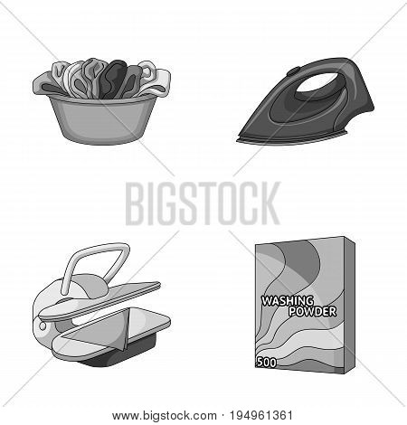 A bowl with laundry, iron, ironing press, washing powder. Dry cleaning set collection icons in monochrome style vector symbol stock illustration .