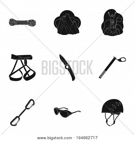 Ice ax, conquered top, mountains in the clouds and other equipment for mountaineering.Mountaineering set collection icons in black style vector symbol stock illustration .