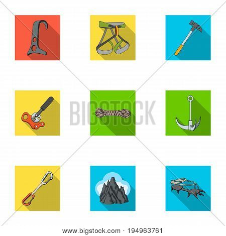 Ice ax, conquered top, mountains in the clouds and other equipment for mountaineering.Mountaineering set collection icons in flat style vector symbol stock illustration .