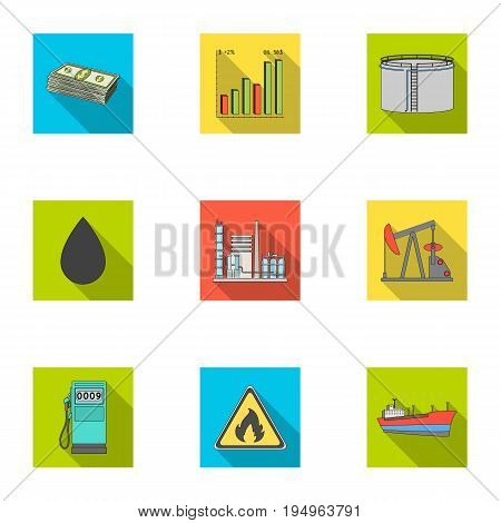 Oil rig, pump and other equipment for oil recovery, processing and storage.Oil set collection icons in flat style vector symbol stock illustration .