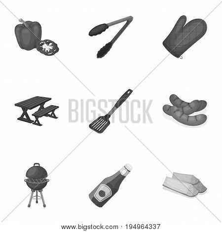 Meat, steak, firewood, grill, table and other accessories for barbecue.BBQ set collection icons in monochrome style vector symbol stock illustration .