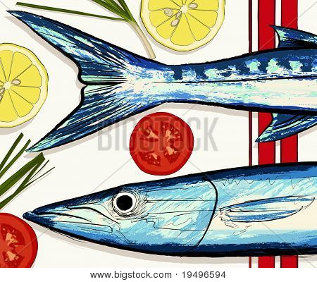 Ilustração em vetor de uma composição com cozimento a preparação de peixes