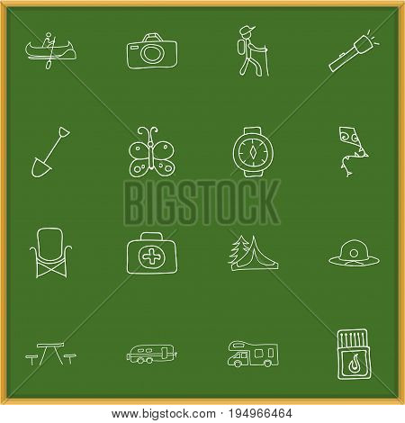 Set Of 16 Editable Camping Icons. Includes Symbols Such As Wrist Clock, Beauty Insect, Caravan And More. Can Be Used For Web, Mobile, UI And Infographic Design.