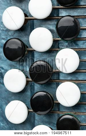 Black and white keys of an old accordion closeup