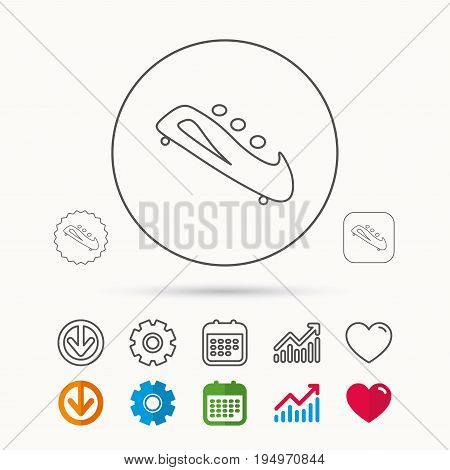 Bobsleigh icon. Three-seater bobsled sign. Professional winter sport symbol. Calendar, Graph chart and Cogwheel signs. Download and Heart love linear web icons. Vector