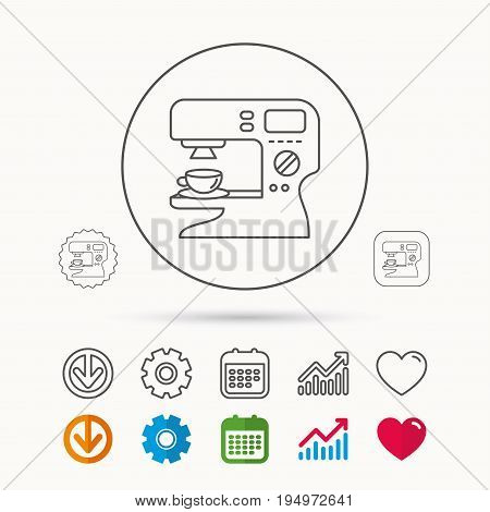 Coffee maker icon. Hot drink machine sign. Calendar, Graph chart and Cogwheel signs. Download and Heart love linear web icons. Vector