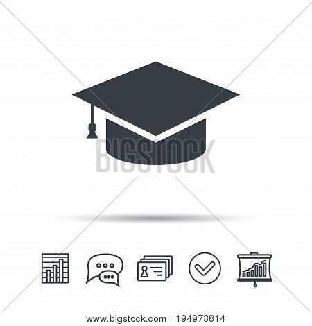 Education icon. Graduation cap symbol. Chat speech bubble, chart and presentation signs. Contacts and tick web icons. Vector