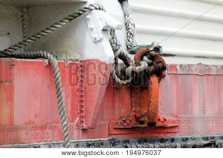Ropes And Cables Attached To A Cleat On The Side Of A Vintage Hovercraft