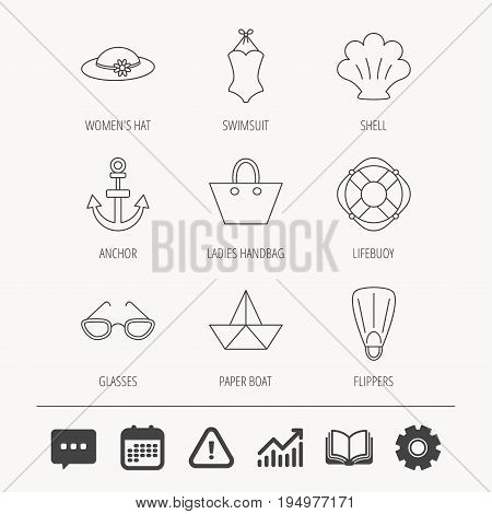 Paper boat, shell and swimsuit icons. Lifebuoy, glases and women hat linear signs. Anchor, ladies handbag icons. Education book, Graph chart and Chat signs. Attention, Calendar and Cogwheel web icons