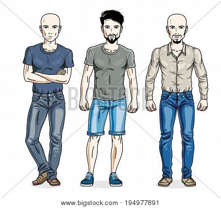 Handsome young men group standing wearing fashionable casual clothes. Vector people illustrations set. Lifestyle theme male characters.